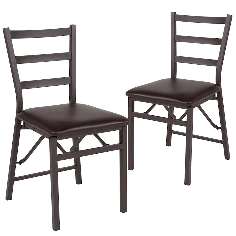 Lot de 2 chaises pliantes en métal marron avec dossier en échelle - Siège en vinyle marron - Meubles de salle à manger