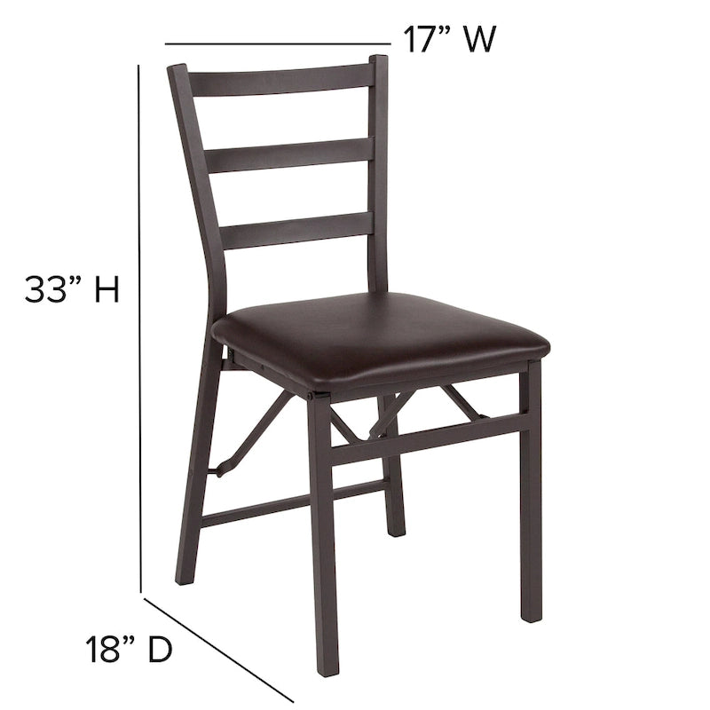 Lot de 2 chaises pliantes en métal marron avec dossier en échelle - Siège en vinyle marron - Meubles de salle à manger