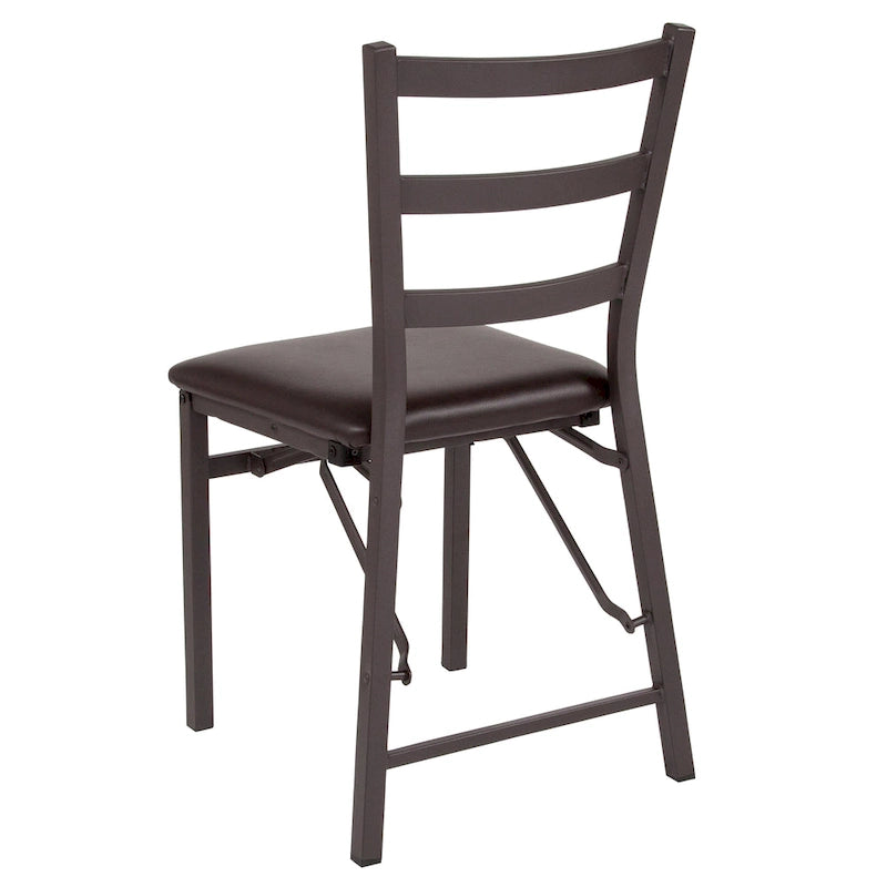 Lot de 2 chaises pliantes en métal marron avec dossier en échelle - Siège en vinyle marron - Meubles de salle à manger