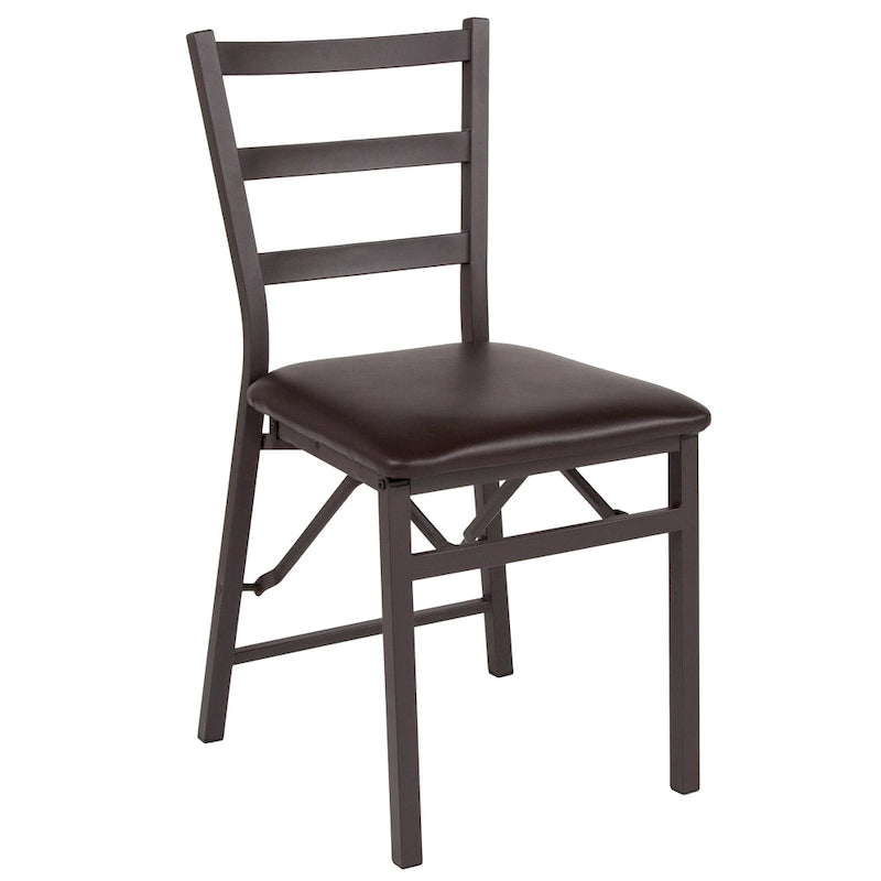 Lot de 2 chaises pliantes en métal marron avec dossier en échelle - Siège en vinyle marron - Meubles de salle à manger