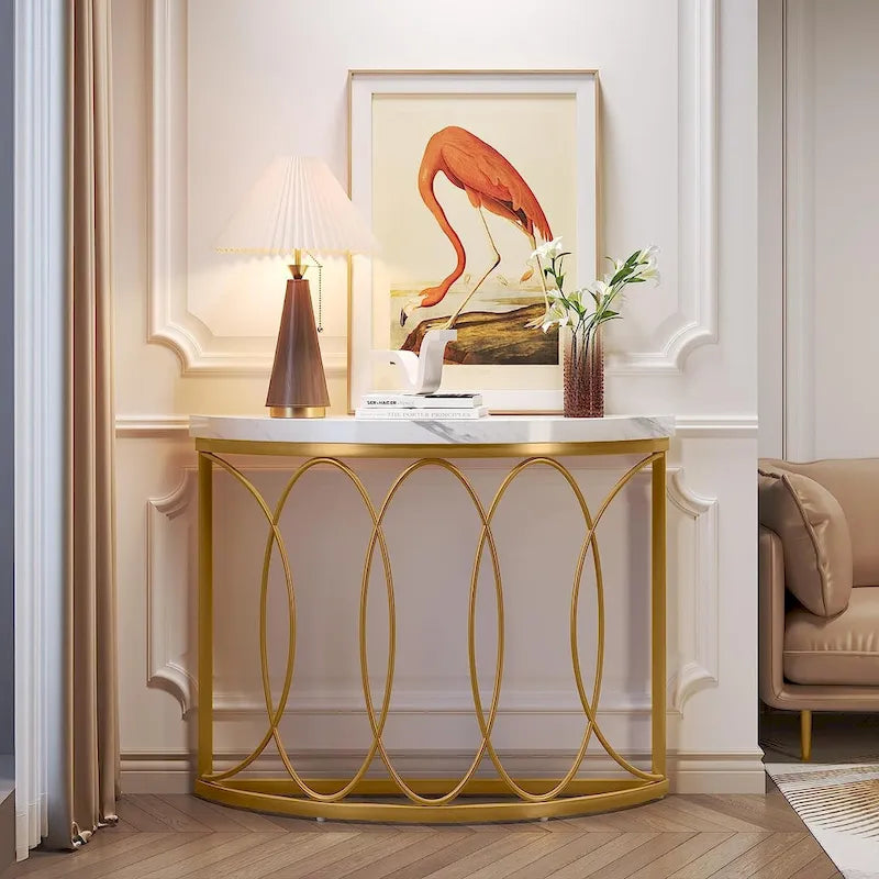 Console Demi-Lune Dorée, Table d'Entrée Moderne en Faux Marbre de 109 cm
