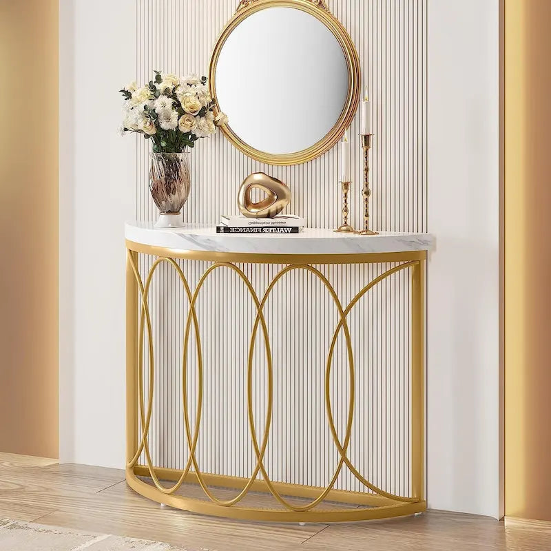 Console Demi-Lune Dorée, Table d'Entrée Moderne en Faux Marbre de 109 cm