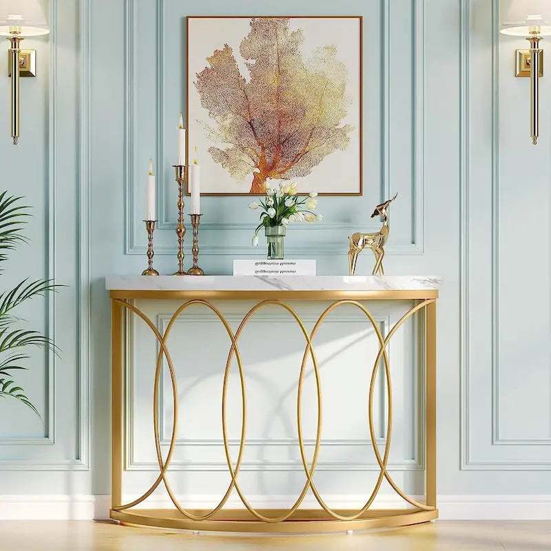 Console Demi-Lune Dorée, Table d'Entrée Moderne en Faux Marbre de 109 cm
