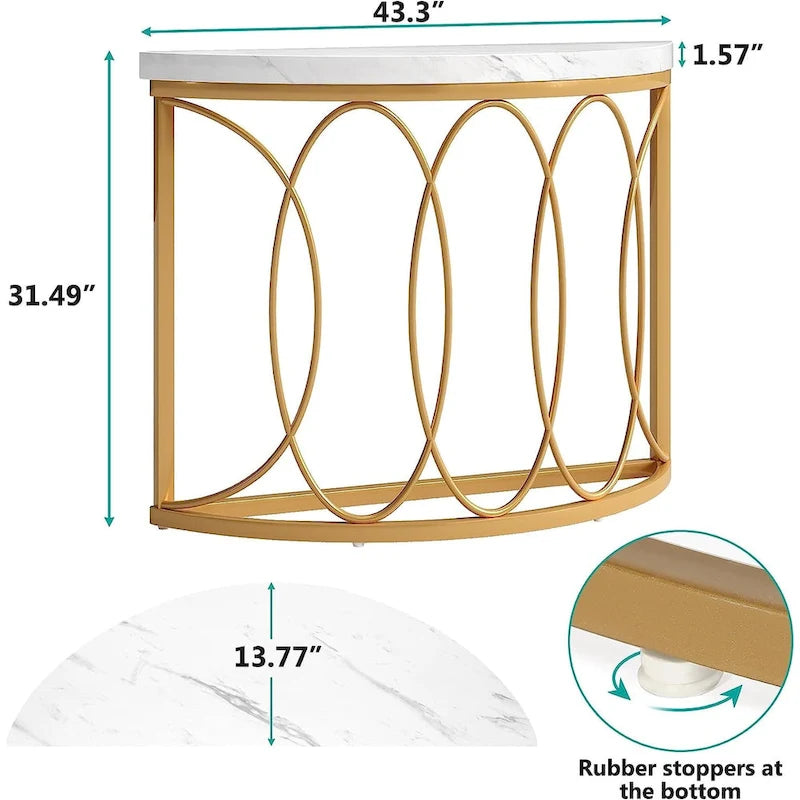 Console Demi-Lune Dorée, Table d'Entrée Moderne en Faux Marbre de 109 cm