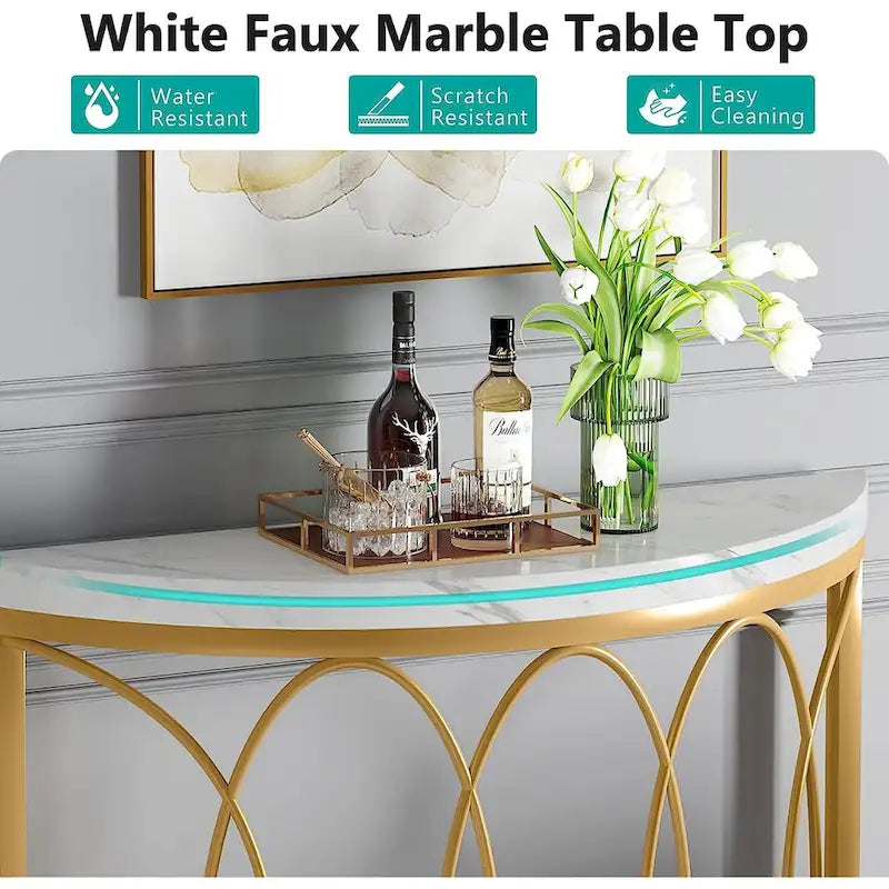 Console Demi-Lune Dorée, Table d'Entrée Moderne en Faux Marbre de 109 cm