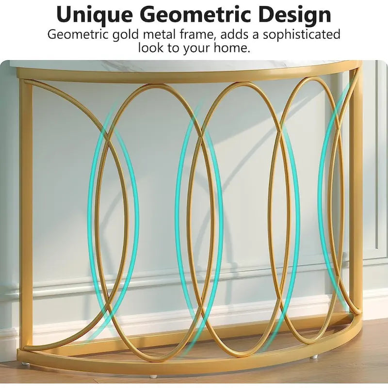 Console Demi-Lune Dorée, Table d'Entrée Moderne en Faux Marbre de 109 cm