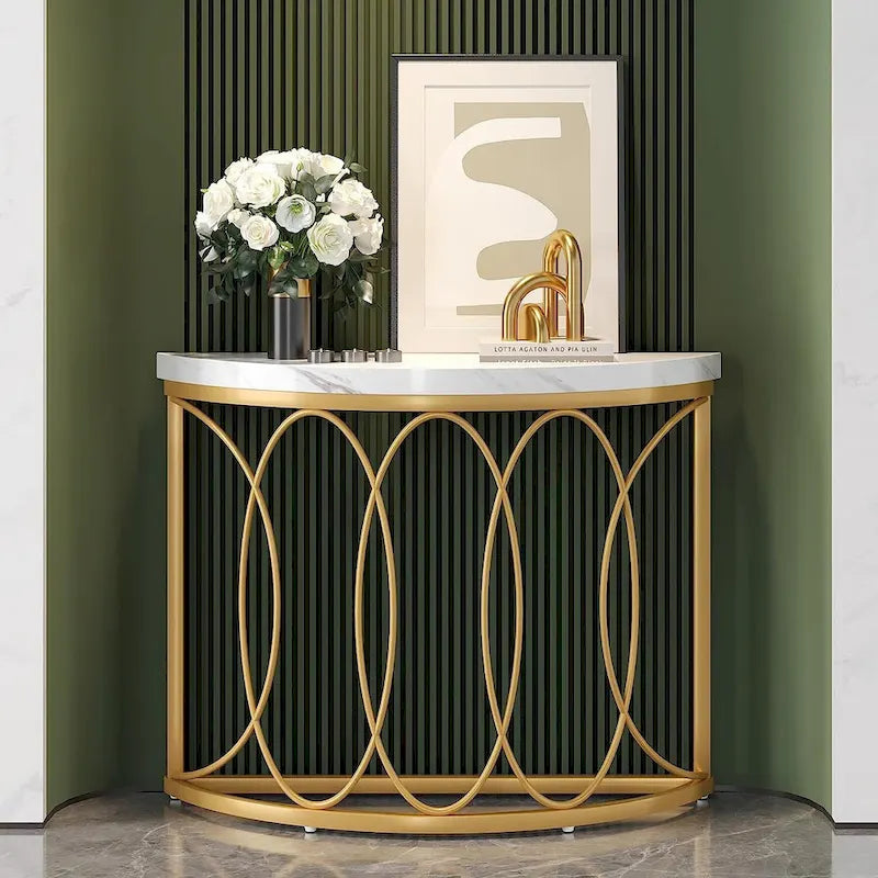 Console Demi-Lune Dorée, Table d'Entrée Moderne en Faux Marbre de 109 cm
