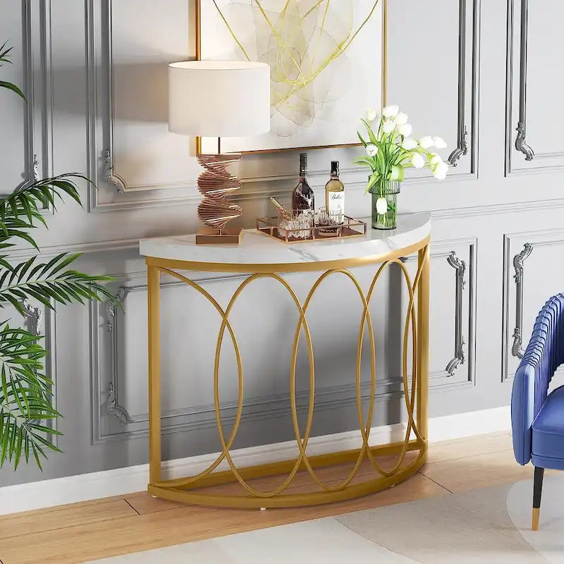 Console Demi-Lune Dorée, Table d'Entrée Moderne en Faux Marbre de 109 cm
