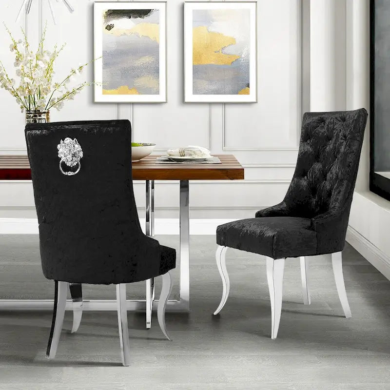 1 chaise de salle à manger en velours capitonné avec dossier ailé et heurtoir en forme de tête de lion - 56x56x107 cm