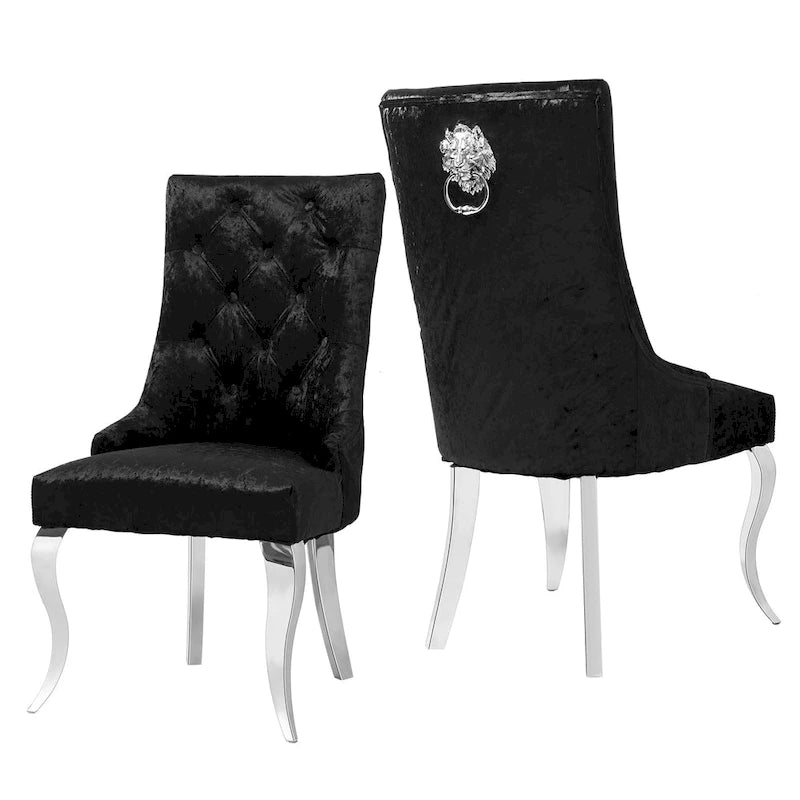 1 chaise de salle à manger en velours capitonné avec dossier ailé et heurtoir en forme de tête de lion - 56x56x107 cm