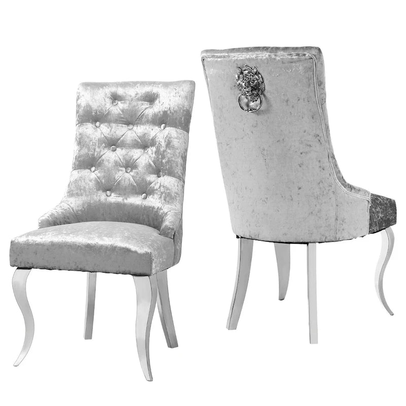 1 chaise de salle à manger en velours capitonné avec dossier ailé et heurtoir en forme de tête de lion - 56x56x107 cm