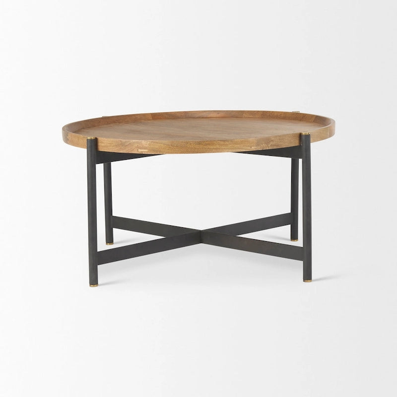 Table basse ronde 34 po en bois massif marron moyen avec cadre en fer noir - 34 po L x 34 po l x 16,5 po H