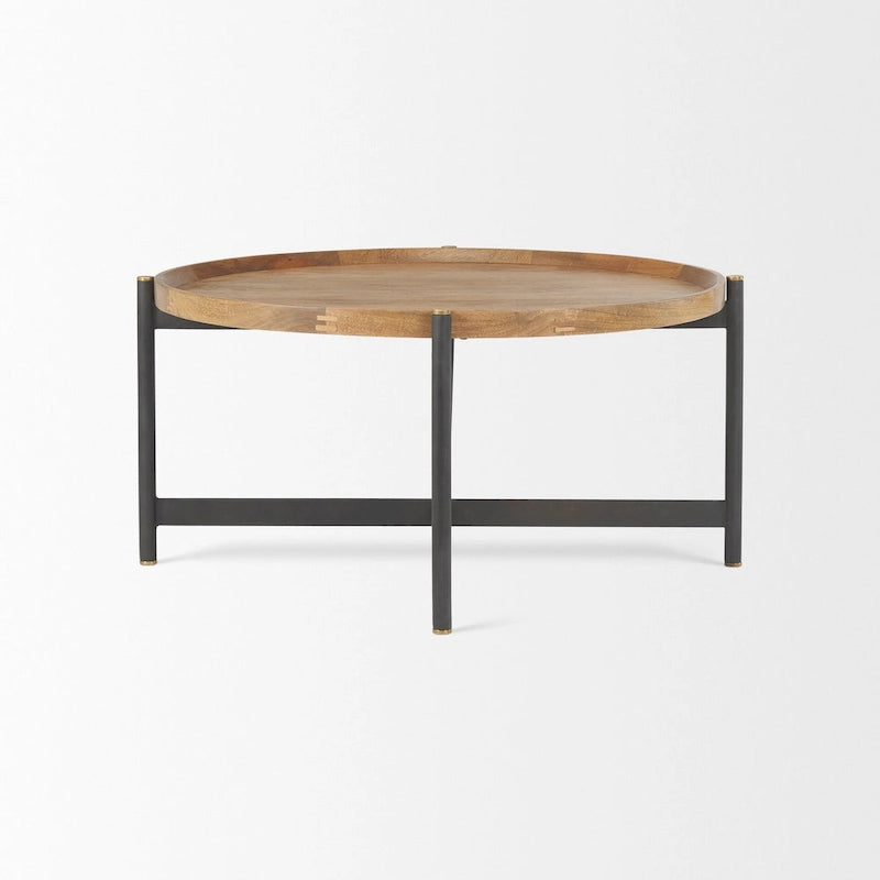 Table basse ronde 34 po en bois massif marron moyen avec cadre en fer noir - 34 po L x 34 po l x 16,5 po H
