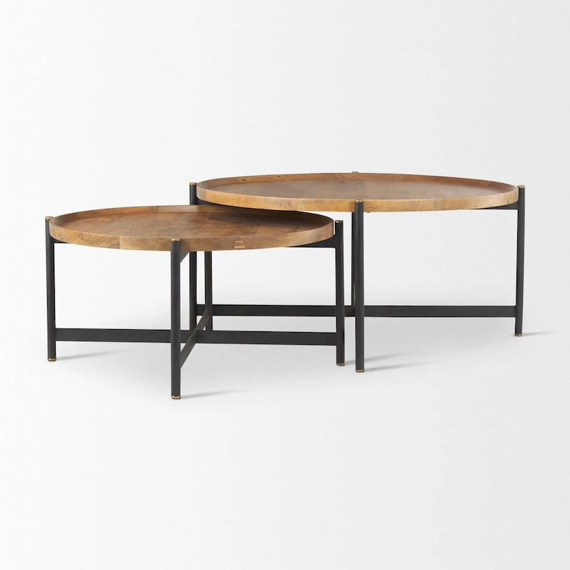 Table basse ronde 34 po en bois massif marron moyen avec cadre en fer noir - 34 po L x 34 po l x 16,5 po H