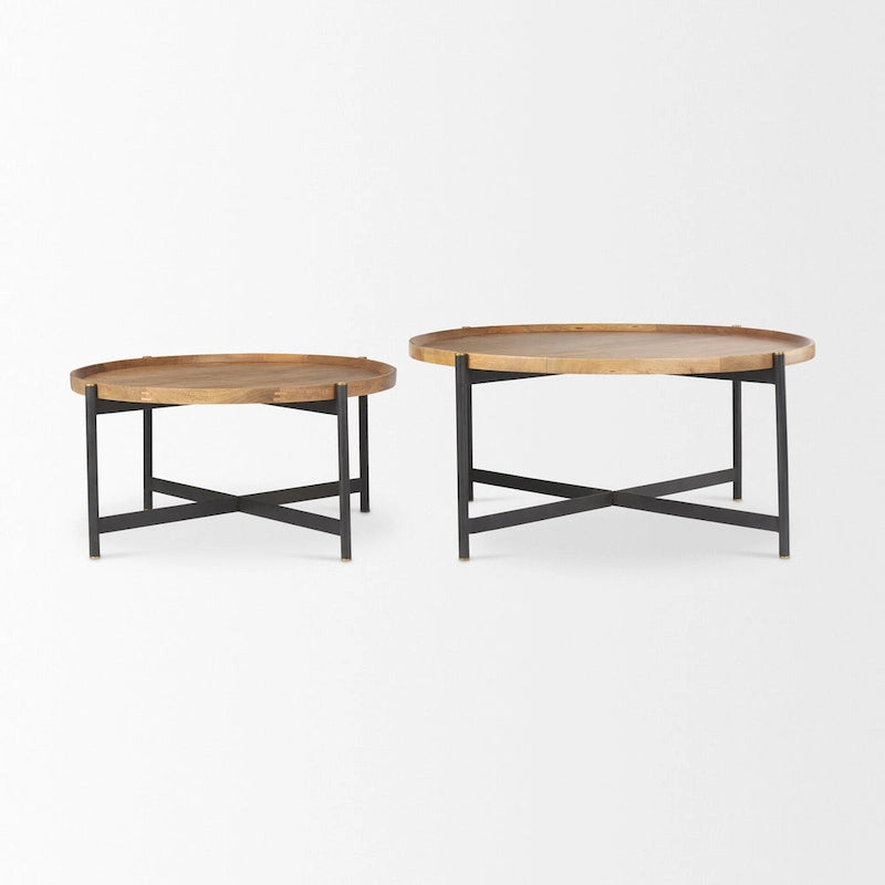 Table basse ronde 34 po en bois massif marron moyen avec cadre en fer noir - 34 po L x 34 po l x 16,5 po H