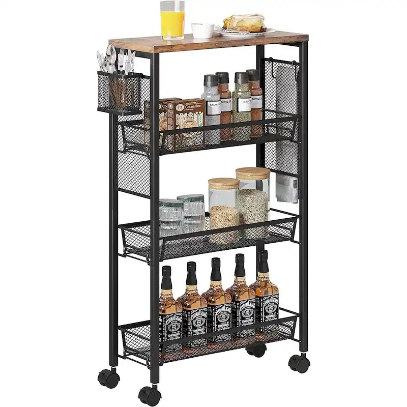 Desserte de cuisine en bois à roulettes et paniers – 4 niveaux de rangement
