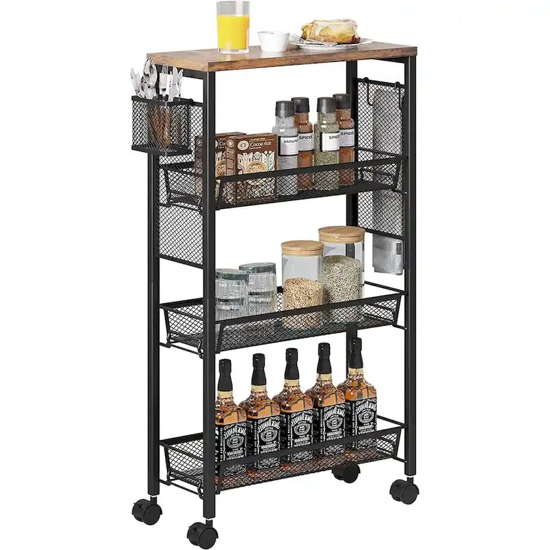 Kleio Wood Kitchen Cart 4-Tier Storage Mobile Utility with Wheels and Baskets