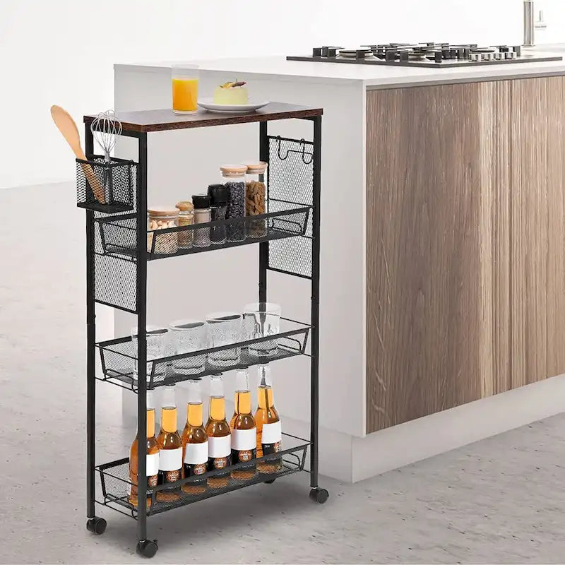 Desserte de cuisine en bois à roulettes et paniers – 4 niveaux de rangement