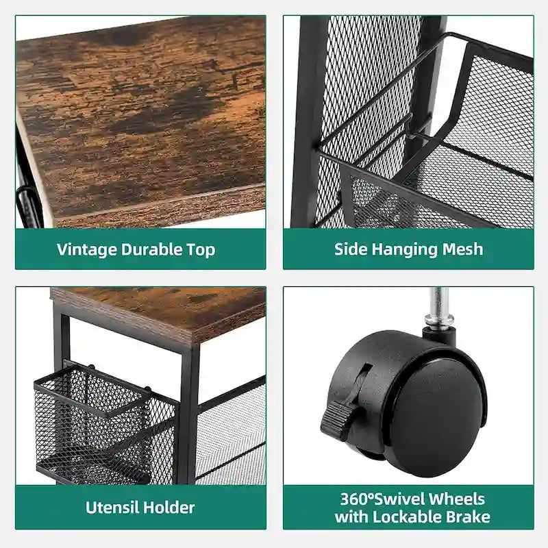 Desserte de cuisine en bois à roulettes et paniers – 4 niveaux de rangement
