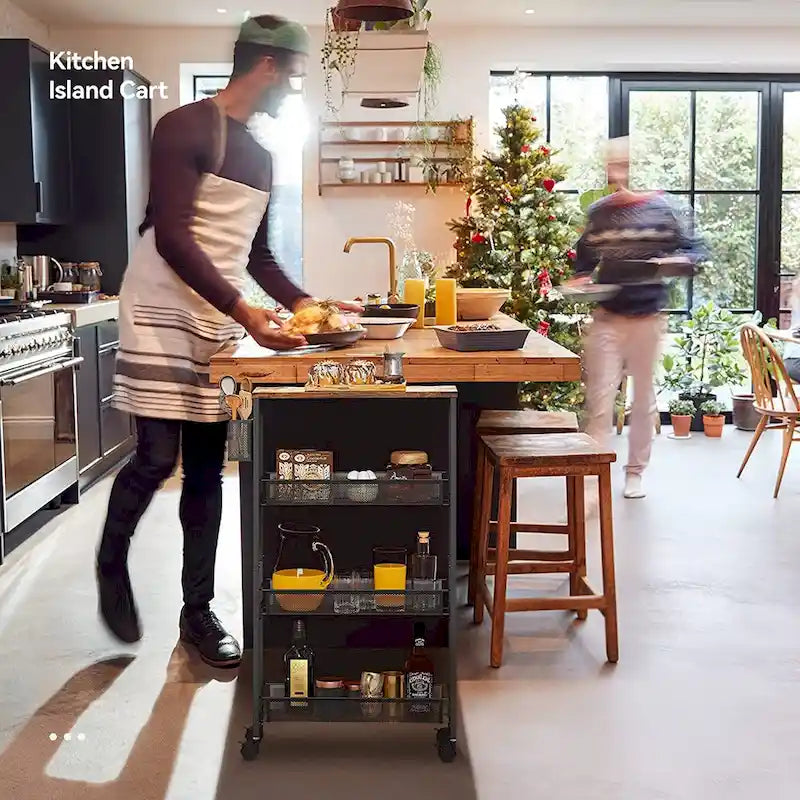 Desserte de cuisine en bois à roulettes et paniers – 4 niveaux de rangement