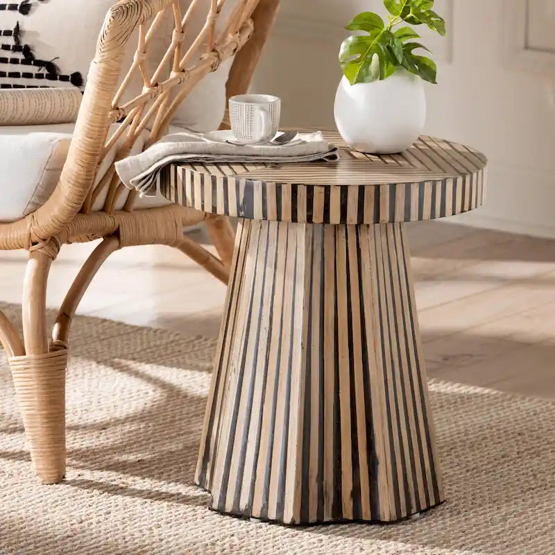 Table d'appoint moderne bohème bicolore en bambou naturel et marron foncé