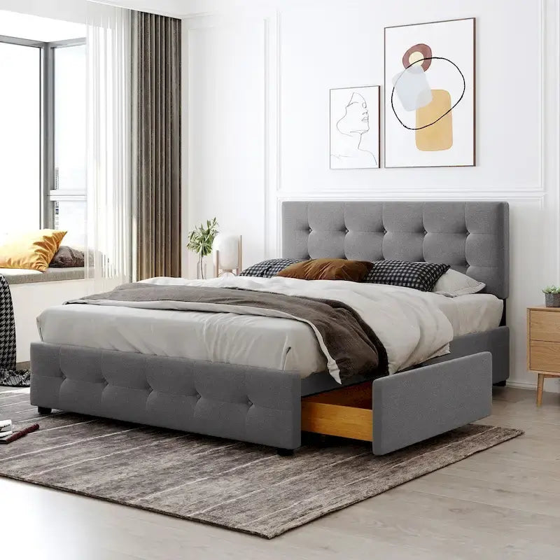 Lit plateforme rembourré avec tête de lit classique et 4 tiroirs, aucun sommier tapissier requis, tissu lin, grand lit gris clair