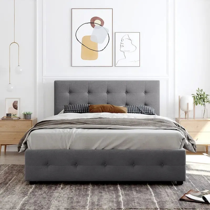 Lit plateforme rembourré avec tête de lit classique et 4 tiroirs, aucun sommier tapissier requis, tissu lin, grand lit gris clair