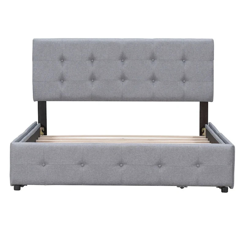 Lit plateforme rembourré avec tête de lit classique et 4 tiroirs, aucun sommier tapissier requis, tissu lin, grand lit gris clair