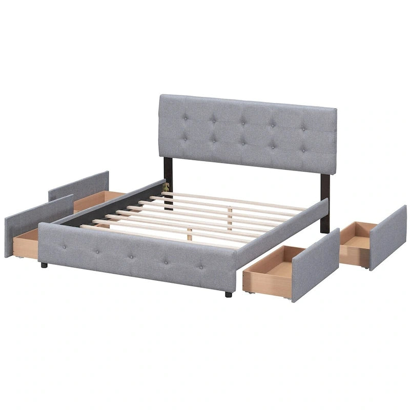 Lit plateforme rembourré avec tête de lit classique et 4 tiroirs, aucun sommier tapissier requis, tissu lin, grand lit gris clair