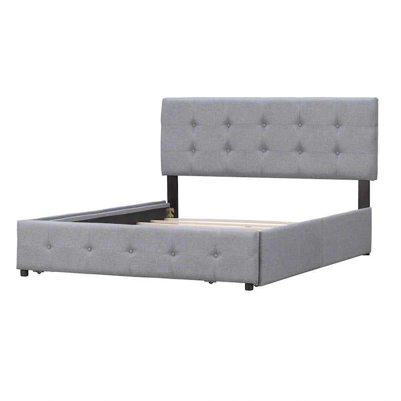 Lit plateforme rembourré avec tête de lit classique et 4 tiroirs, aucun sommier tapissier requis, tissu lin, grand lit gris clair