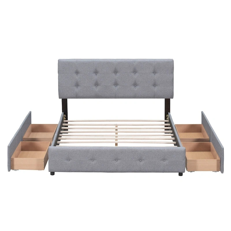 Lit plateforme rembourré avec tête de lit classique et 4 tiroirs, aucun sommier tapissier requis, tissu lin, grand lit gris clair