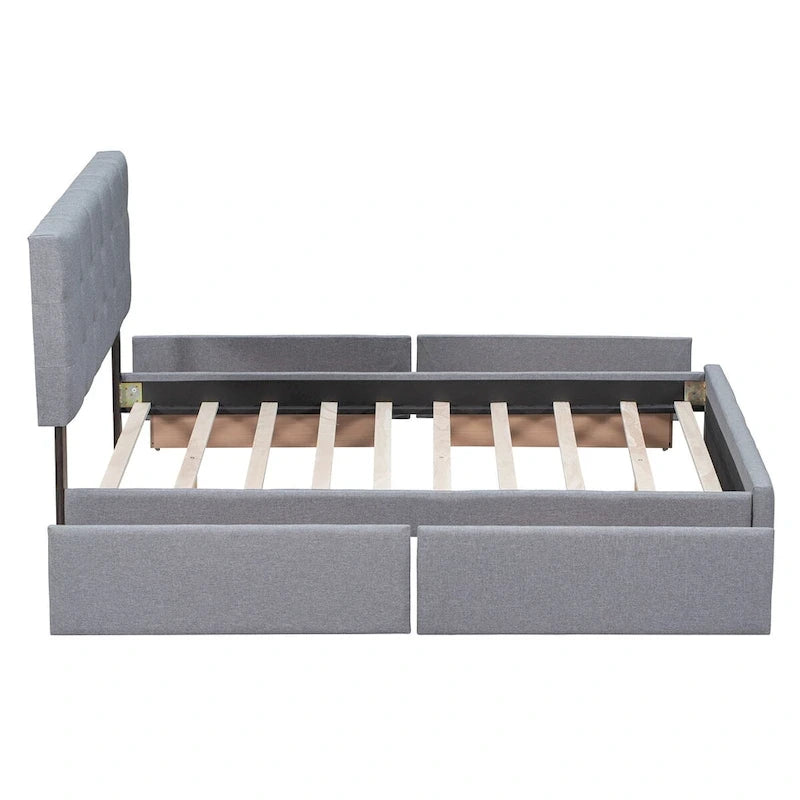 Lit plateforme rembourré avec tête de lit classique et 4 tiroirs, aucun sommier tapissier requis, tissu lin, grand lit gris clair