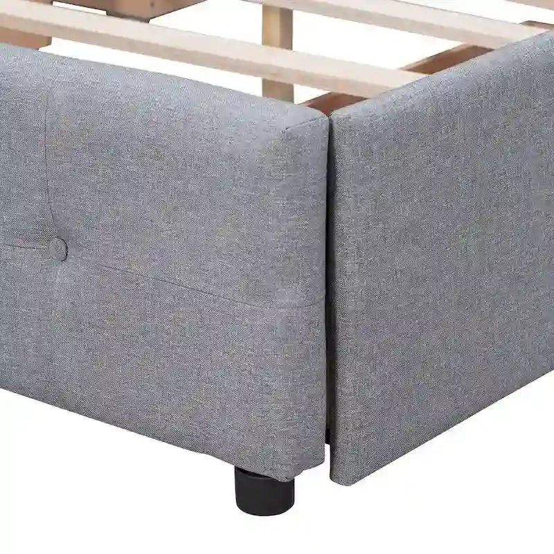 Lit plateforme rembourré avec tête de lit classique et 4 tiroirs, aucun sommier tapissier requis, tissu lin, grand lit gris clair