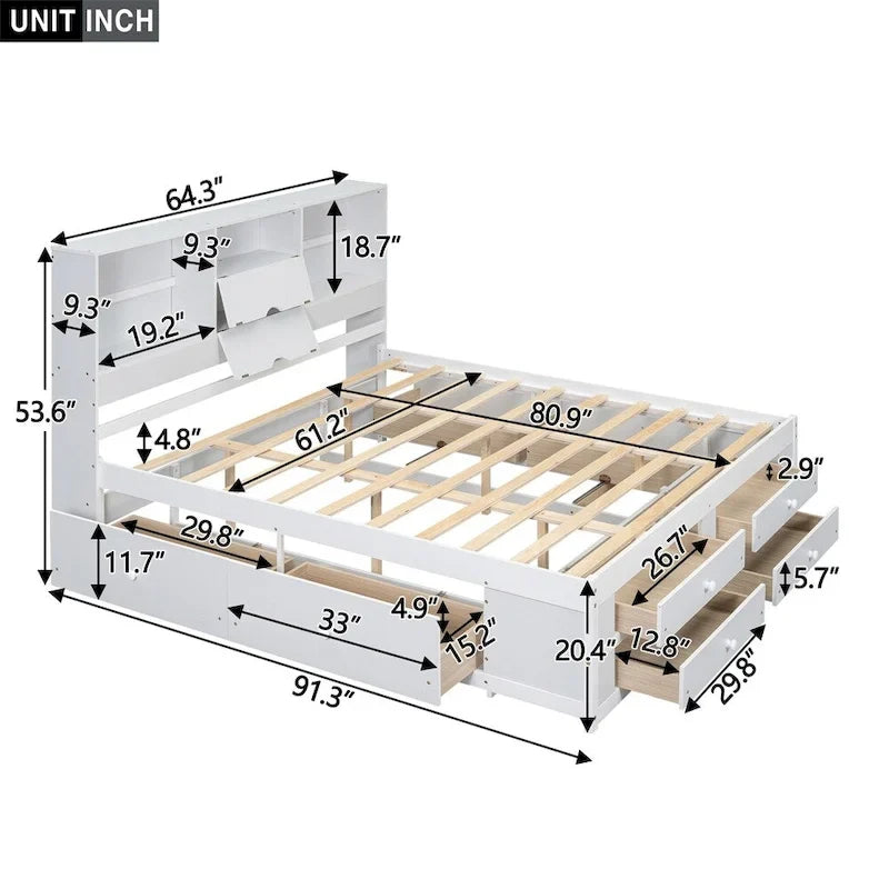 Lit plateforme double avec tête de lit de rangement et 8 tiroirs