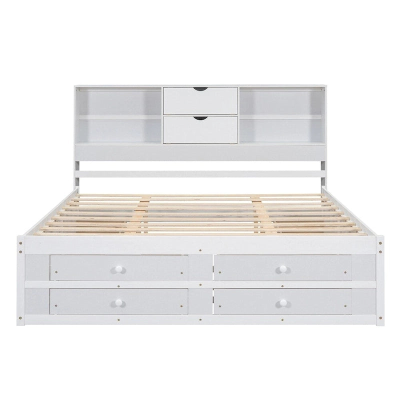 Lit plateforme double avec tête de lit de rangement et 8 tiroirs