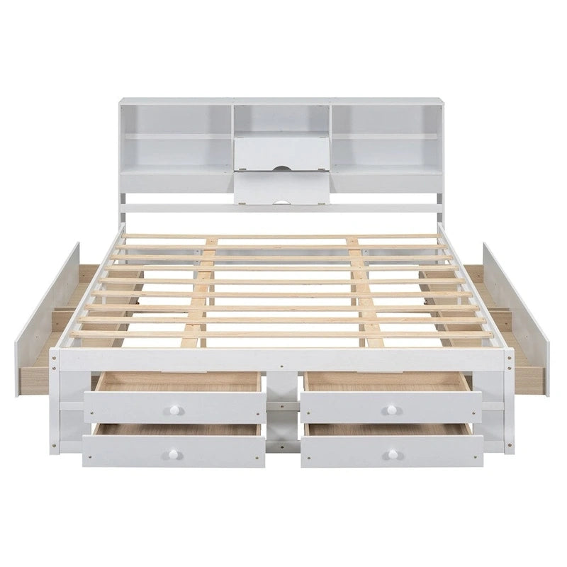 Lit plateforme double avec tête de lit de rangement et 8 tiroirs