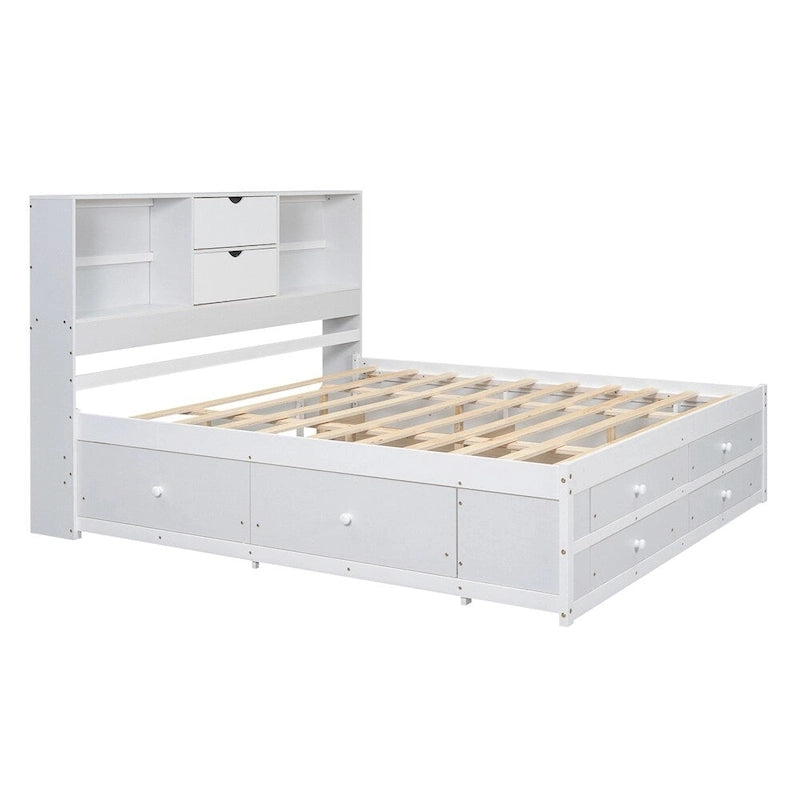 Lit plateforme double avec tête de lit de rangement et 8 tiroirs