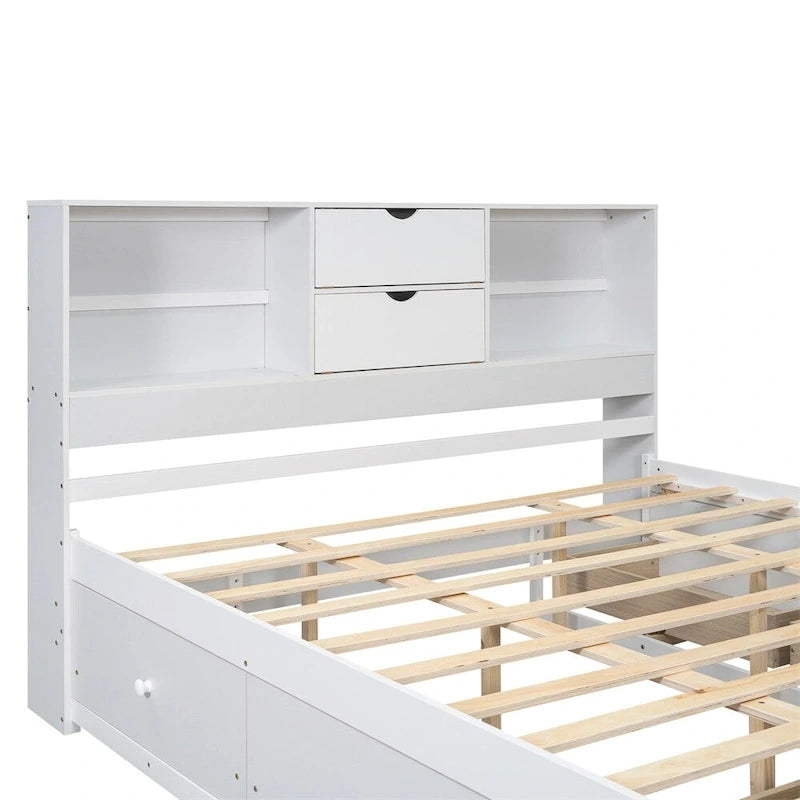 Lit plateforme double avec tête de lit de rangement et 8 tiroirs