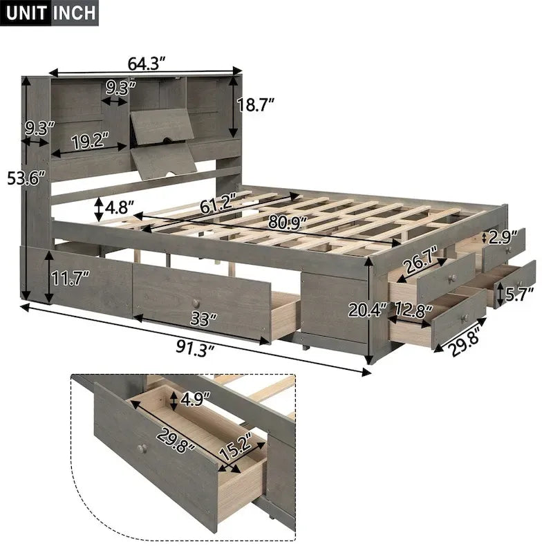 Lit plateforme double avec tête de lit de rangement et 8 tiroirs