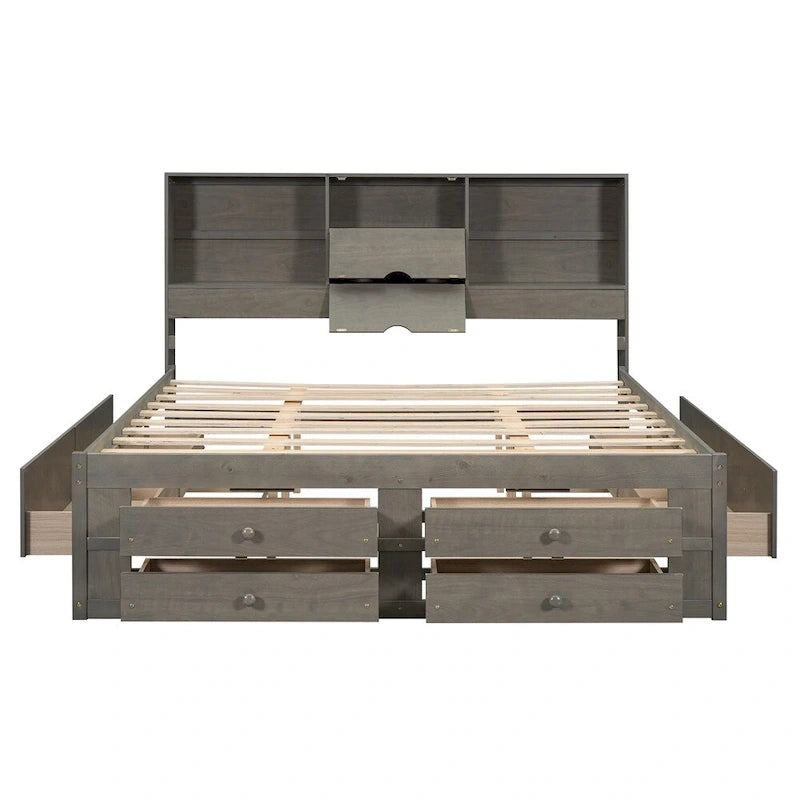 Lit plateforme double avec tête de lit de rangement et 8 tiroirs