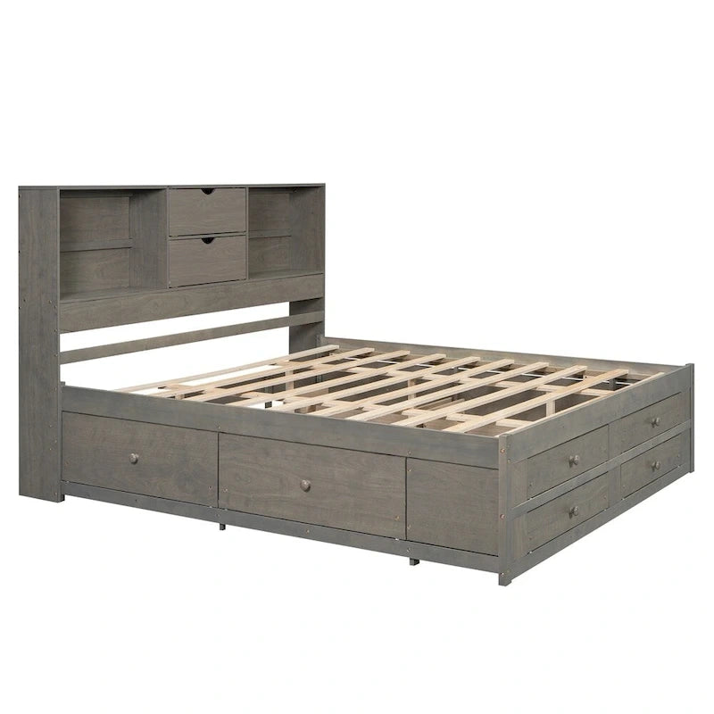 Lit plateforme double avec tête de lit de rangement et 8 tiroirs