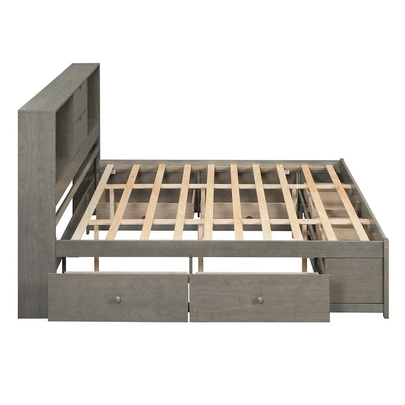 Lit plateforme double avec tête de lit de rangement et 8 tiroirs