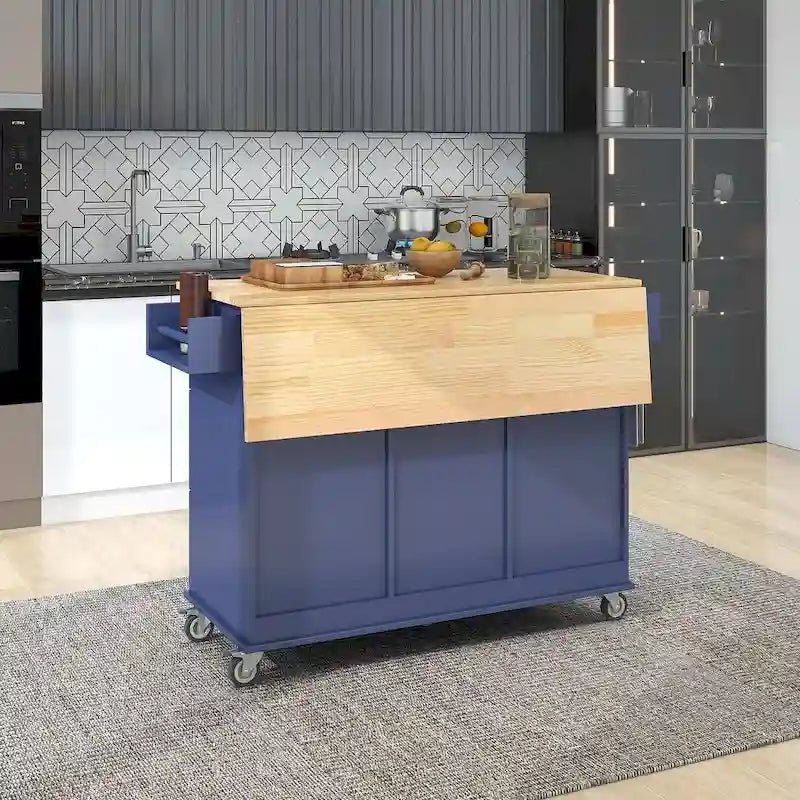 Îlot de cuisine mobile roulant avec roues, abattant et plateau en bois massif
