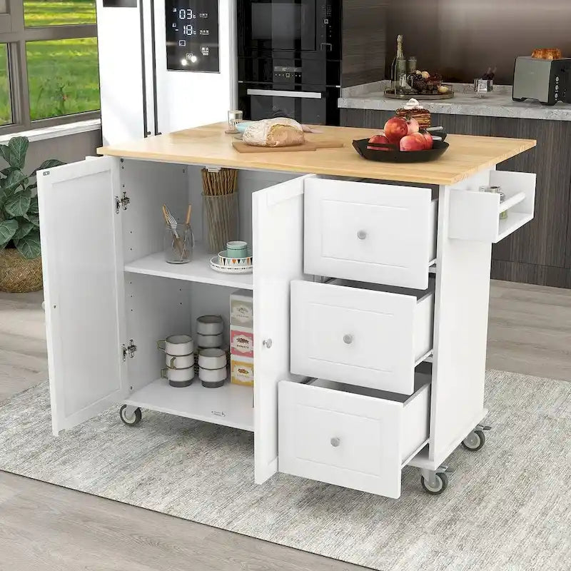 Îlot de cuisine mobile roulant avec roues, abattant et plateau en bois massif