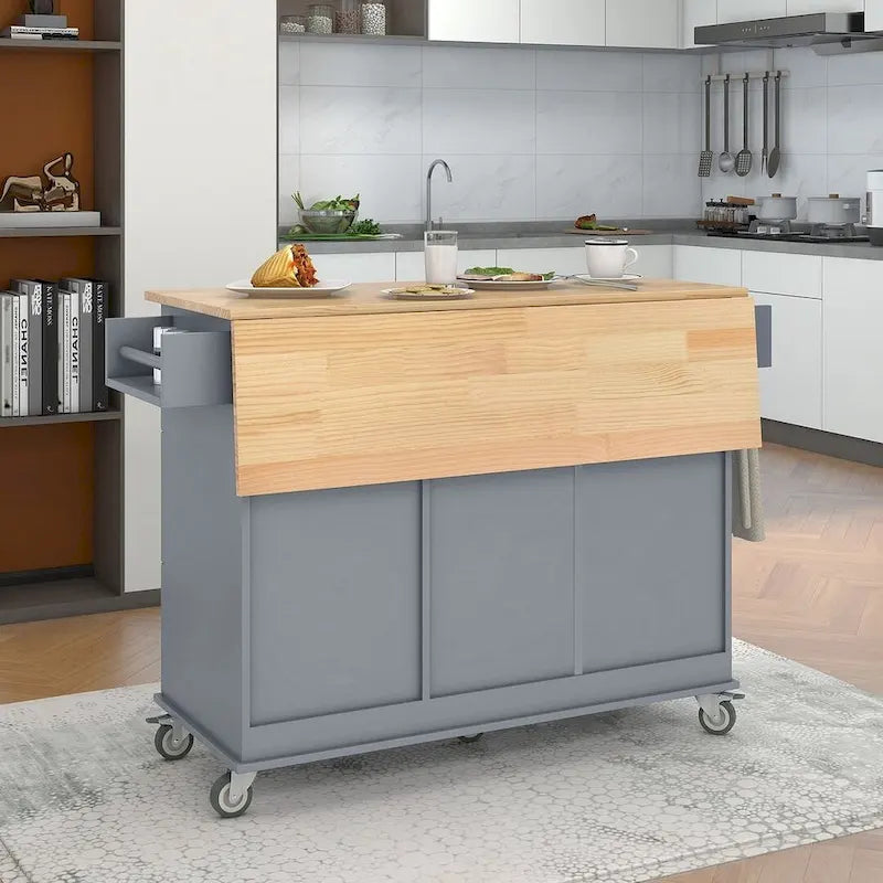 Îlot de cuisine mobile roulant avec roues, abattant et plateau en bois massif