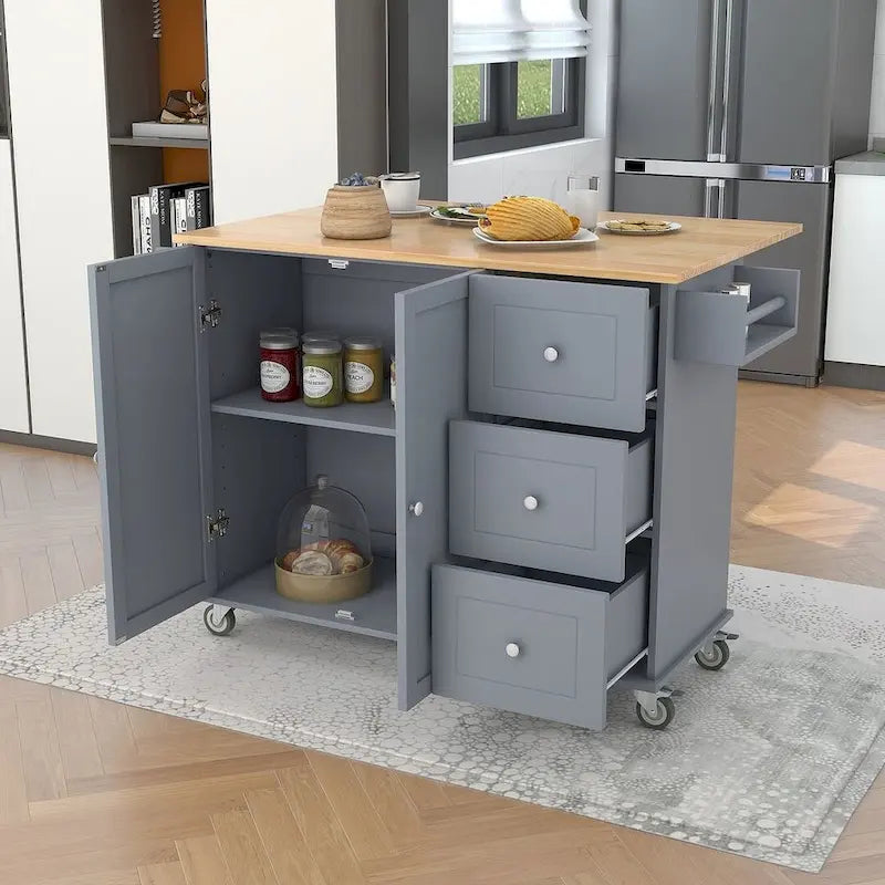 Îlot de cuisine mobile roulant avec roues, abattant et plateau en bois massif