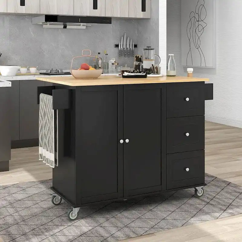 Îlot de cuisine mobile roulant avec roues, abattant et plateau en bois massif