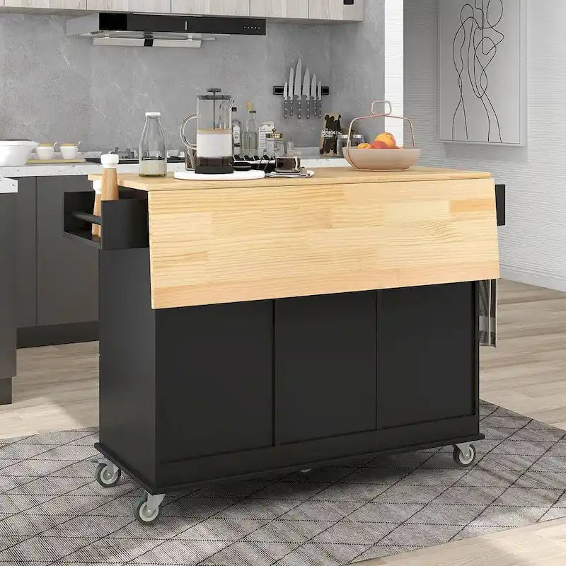 Îlot de cuisine mobile roulant avec roues, abattant et plateau en bois massif
