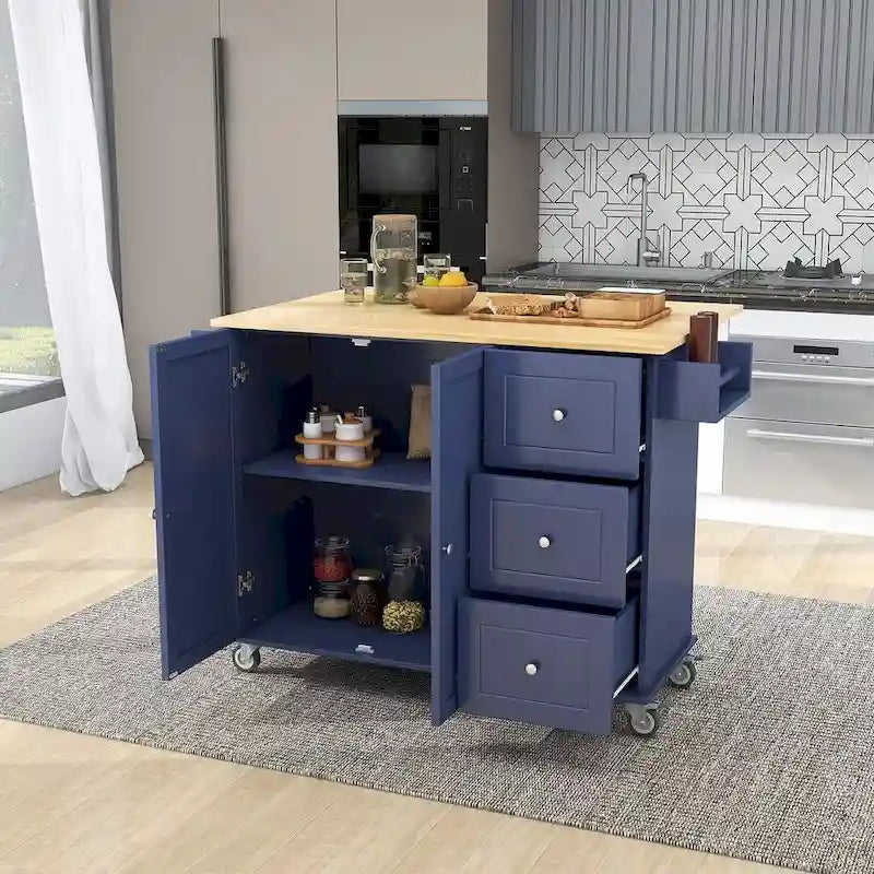 Îlot de cuisine mobile roulant avec roues, abattant et plateau en bois massif