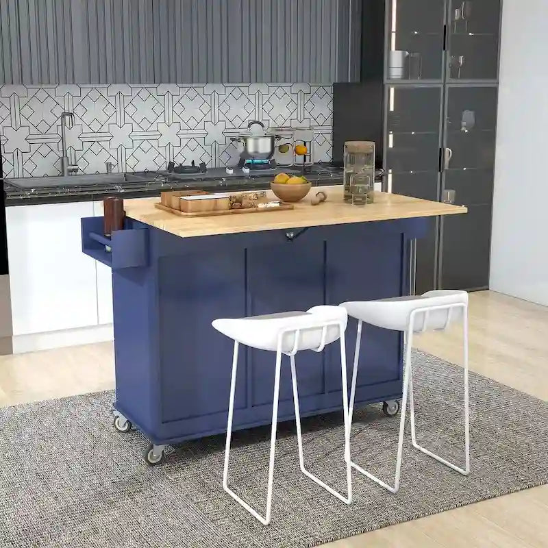 Îlot de cuisine mobile roulant avec roues, abattant et plateau en bois massif